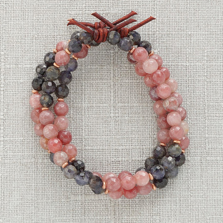 1437 Iolite Mini Bracelet, I love you forever secret code bracelet, 1437 Iolite Mini Stack of Three, 6 mm gemstones, strawberry quartz gemstones, blue iolite gemstones, leather knot, rose gold accents