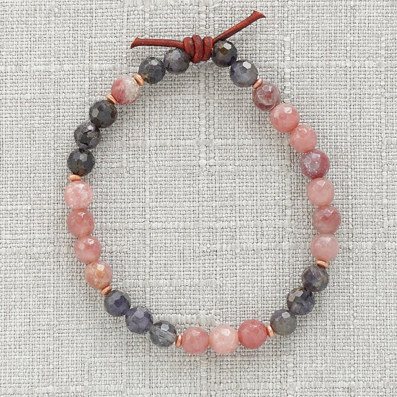 1437 Iolite Single Mini Bracelet, I love you forever secret code bracelet, 6 mm gemstones, strawberry quartz gemstones, blue iolite gemstones, leather knot, rose gold accents