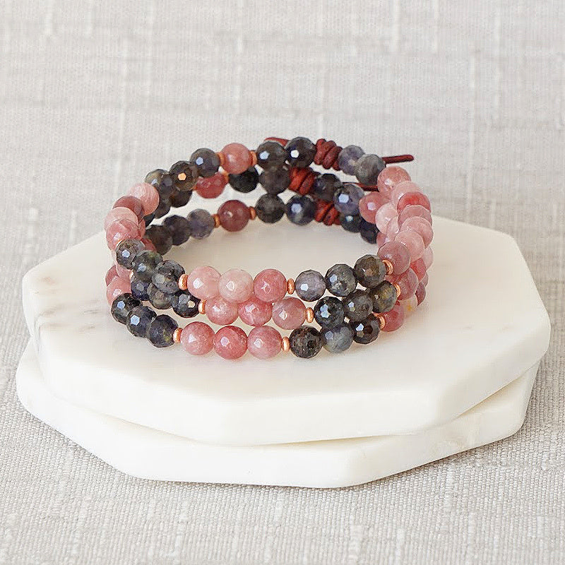 1437 Iolite Mini Bracelet, I love you forever secret code bracelet, 1437 Iolite Mini Stack of Three, 6 mm gemstones, strawberry quartz gemstones, blue iolite gemstones, leather knot, rose gold accents