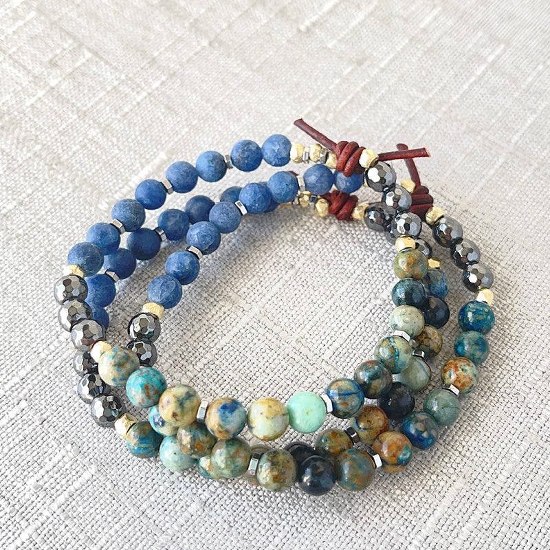 Abundance Mini Bracelet Stack of Three, Empowerment Collection, 6mm Gemstones, Azurite, matte Bluestone, Hematite, Gold and Hematite Accents, Leather Knot