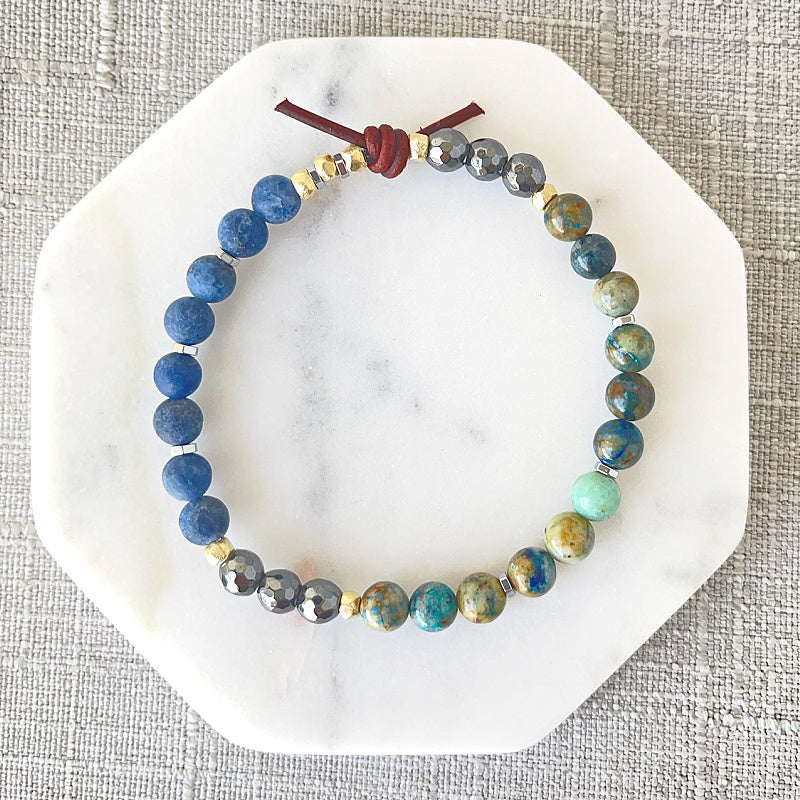Abundance Mini Bracelet, Empowerment Collection, 6mm Gemstones, Azurite, matte Bluestone, Hematite, Gold and Hematite Accents, Leather Knot