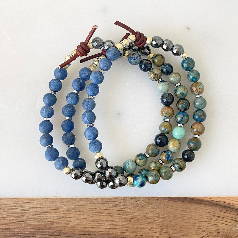 Abundance Mini Bracelet Stack of Three, Empowerment Collection, 6mm Gemstones, Azurite, matte Bluestone, Hematite, Gold and Hematite Accents, Leather Knot