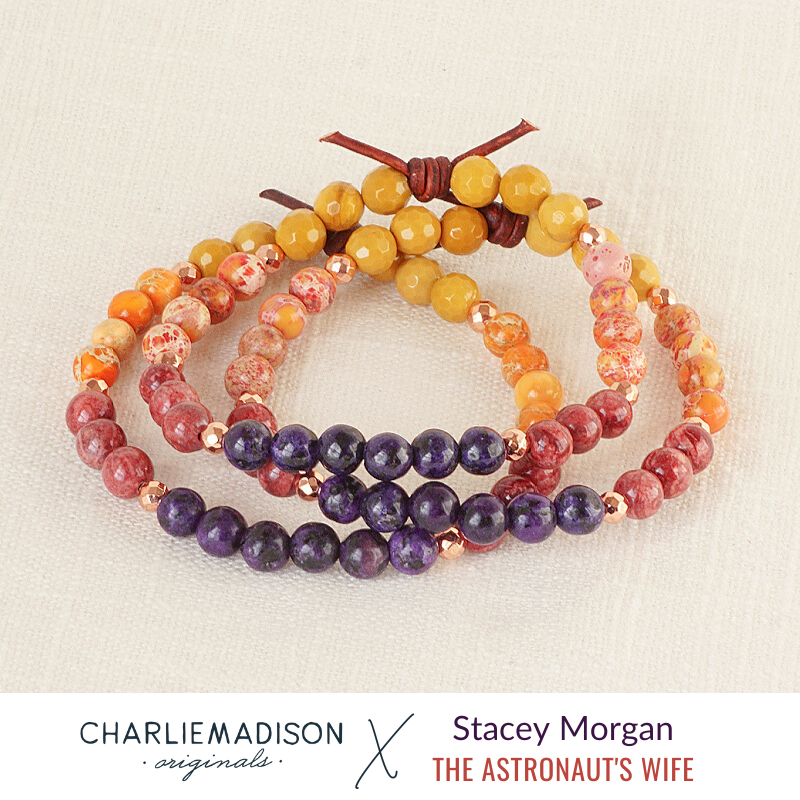The Astronauts Wife Mini Bracelet Stack of Three, Collaboration with Stacey Morgan, 6mm yellow Mookaite, orange Sea Sediment Jasper, red Magnesite, purple Jasper, Rose Gold Accents, Leather Knot
