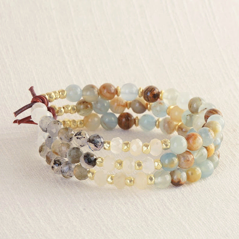 Be Beautiful Mini Bracelet Set of Three, Calcite/Blue Onyx, Moonstone, Labradorite, Rose Rainbow Moonstone, Gold Accents, Leather Knot