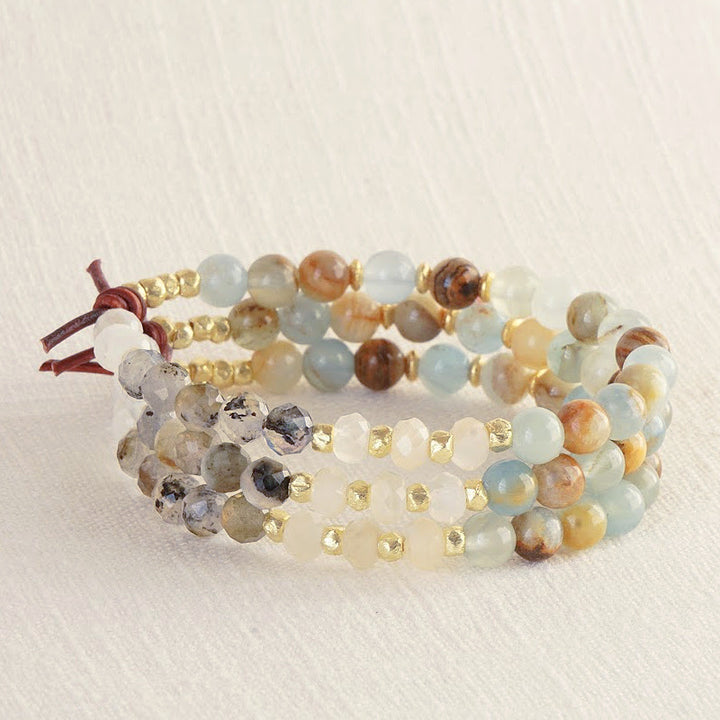 Be Beautiful Mini Bracelet Set of Three, Calcite/Blue Onyx, Moonstone, Labradorite, Rose Rainbow Moonstone, Gold Accents, Leather Knot