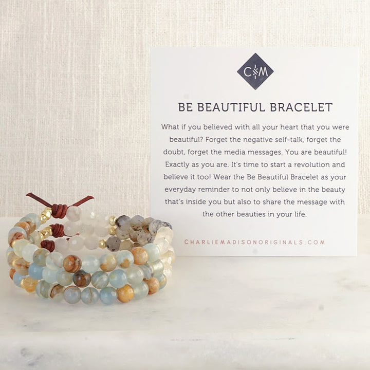Be Beautiful Mini Bracelet Set of Three With Meaning Card - What if you believed with all your heart that you were beautiful? Forget the negative self-talk, forget the doubt, forget the media messages. You are beautiful! Exactly as you are. It's time to start a revolution and believe it too! Wear the Be Beautiful Bracelet as your everyday reminder to not only believe in the beauty that's inside you but also to share the message with the other beauties in your life.