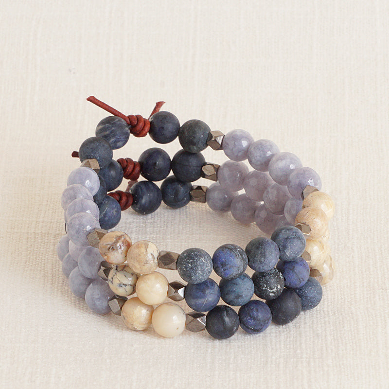 Be Present Bracelet Stack of Three, 8 mm Gemstones, Dumortierite, African Opal, and Jade, Leather Knot, Meaningful Jewelry, Midnight Blue