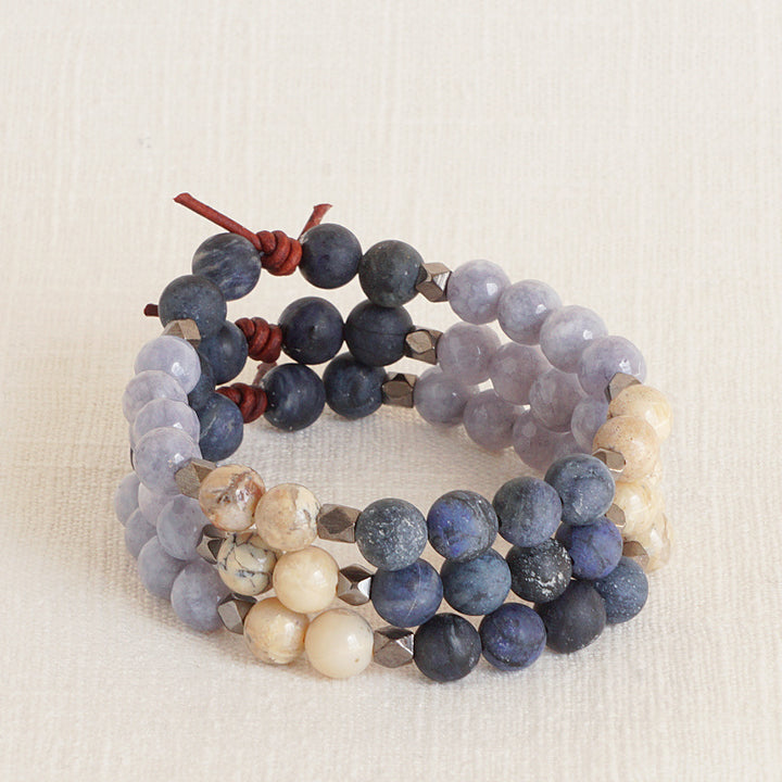 Be Present Bracelet Stack of Three, 8 mm Gemstones, Dumortierite, African Opal, and Jade, Leather Knot, Meaningful Jewelry, Midnight Blue