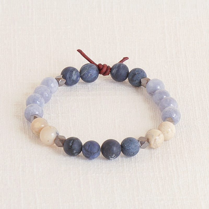Be Present Bracelet, 8 mm Gemstones, Dumortierite, African Opal, and Jade, Leather Knot