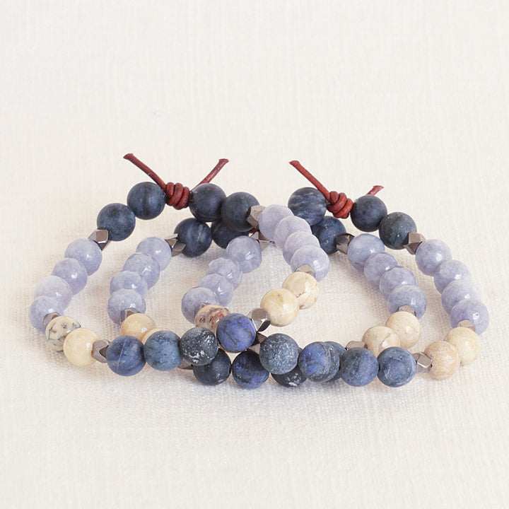 Be Present Bracelet Stack of Three, 8 mm Gemstones, Dumortierite, African Opal, and Jade, Leather Knot, Meaningful Jewelry, Midnight Blue 