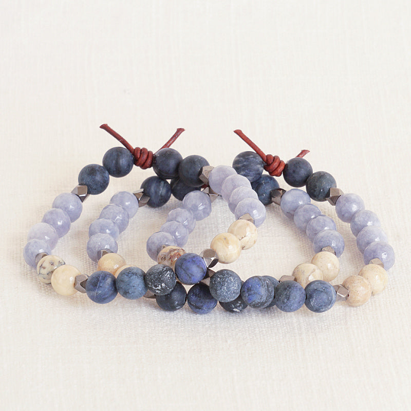 Be Present Bracelet Stack of Three, 8 mm Gemstones, Dumortierite, African Opal, and Jade, Leather Knot, Meaningful Jewelry, Midnight Blue