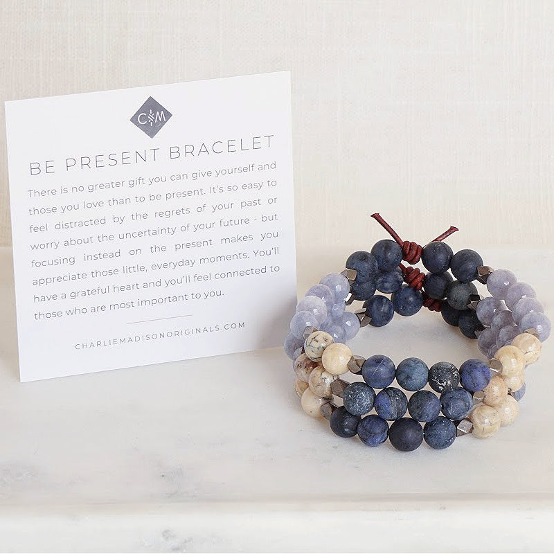 Be Present Bracelet with Meaning Card – By focusing on the present makes you appreciate the little, everyday moments. You’ll have a greater heart and feel connected to those who are most important to you. 8 mm Gemstones, Dumortierite, African Opal, and Jade