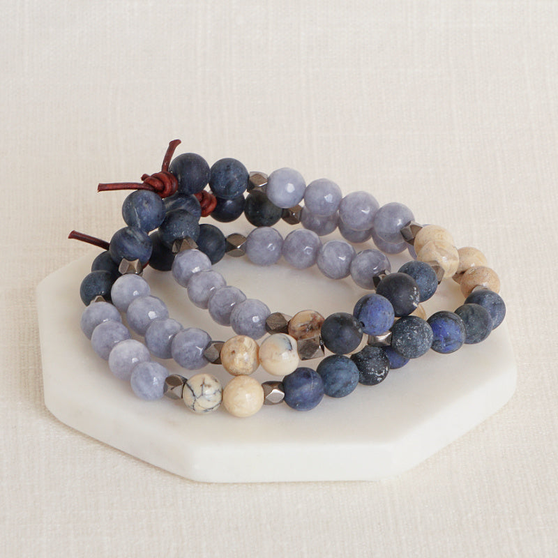Be Present Bracelet Stack of Three, 8 mm Gemstones, Dumortierite, African Opal, and Jade, Leather Knot, Meaningful Jewelry, Midnight Blue