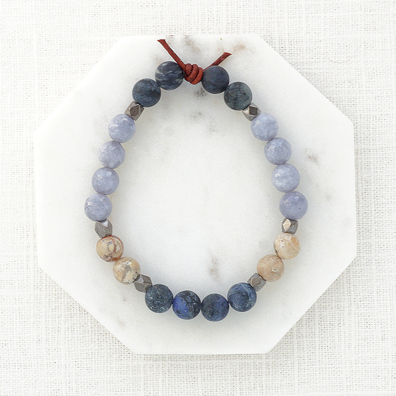 Be Present Bracelet, 8 mm Gemstones, Dumortierite, African Opal, and Jade, Leather Knot