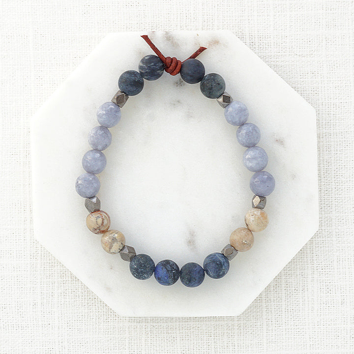 Be Present Bracelet, 8 mm Gemstones, Dumortierite, African Opal, and Jade, Leather Knot