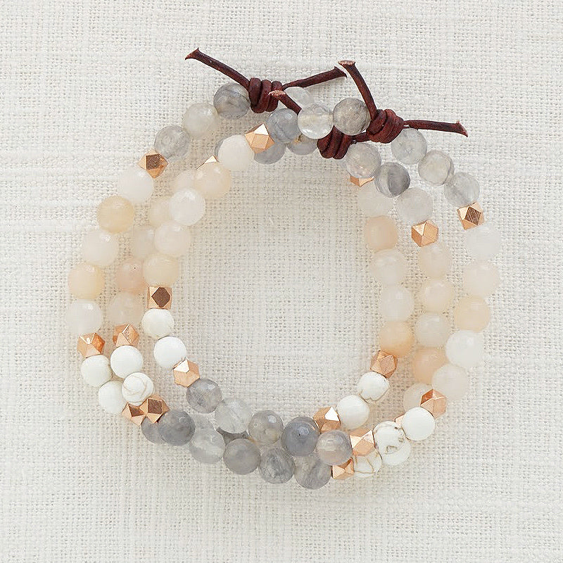 Be Unapologetically You Mini Bracelet Stack of Three, 6mm Gemstones, Silver Quartz, Pink Aventurine, Magnesite, Leather Knot, Rose Gold Accents