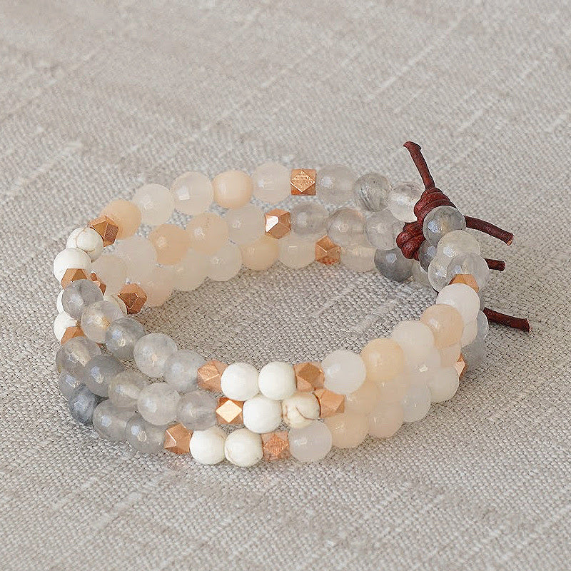Be Unapologetically You Mini Bracelet Stack of Three, 6mm Gemstones, Silver Quartz, Pink Aventurine, Magnesite, Leather Knot, Rose Gold Accents