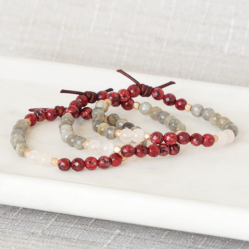 Be Unapologetically You Red Stack of Three Mini Bracelets, 6mm Gemstones, red Jade, Labradorite, peach Morganite, Leather Knot, Rose Gold Accents