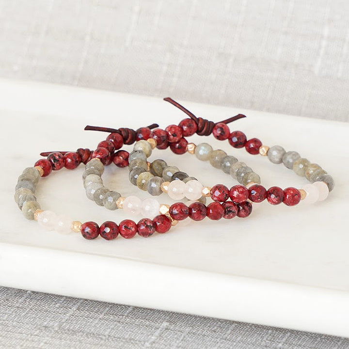 Be Unapologetically You Red Stack of Three Mini Bracelets, 6mm Gemstones, red Jade, Labradorite, peach Morganite, Leather Knot, Rose Gold Accents