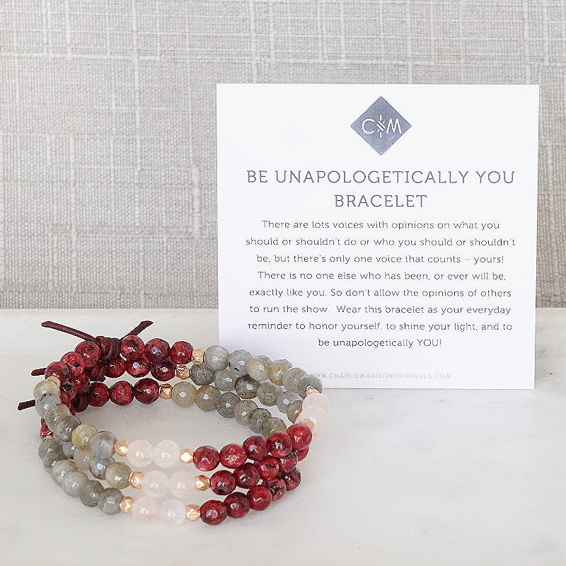 Be Unapologetically You Red Mini Bracelet With Meaning Card – There is no one else who has been, or ever will be exactly like you. So don’t allow the opinions of others to run the show. Wear this bracelet as your everyday reminder to honor yourself, to shine your light, and to be unapologetically you. 