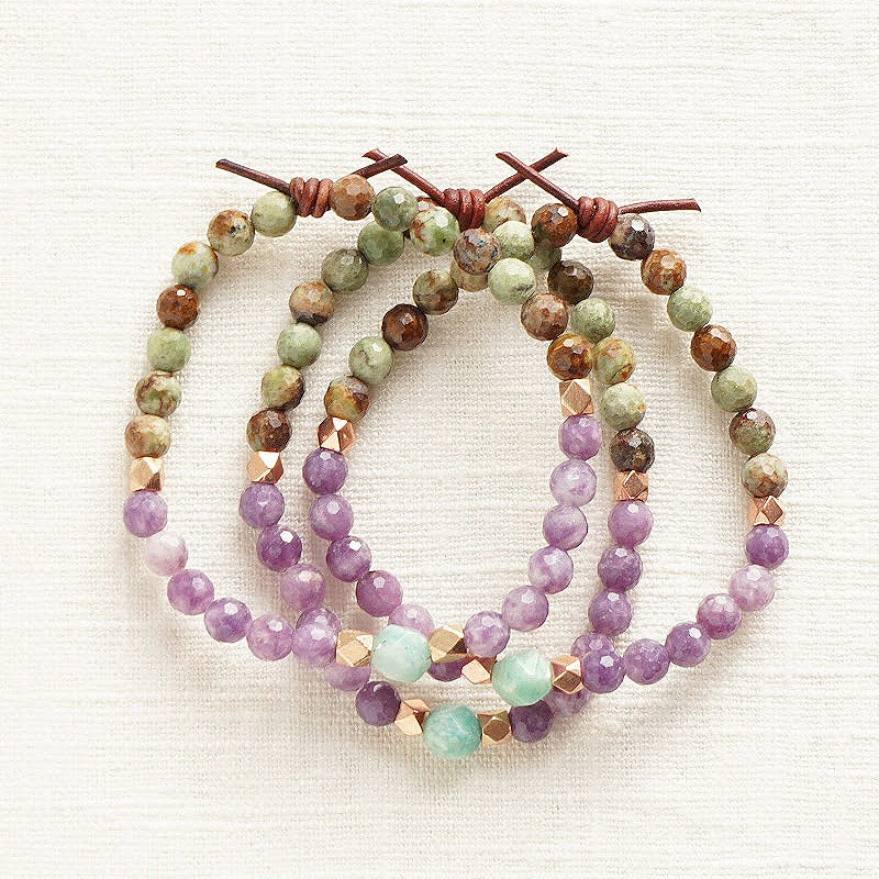 Caregiver Mini Bracelet Stack of Three, 6mm Gemstones, Green Opal, Lepidolite, Amazonite, Leather Knot, Meaningful Jewelry