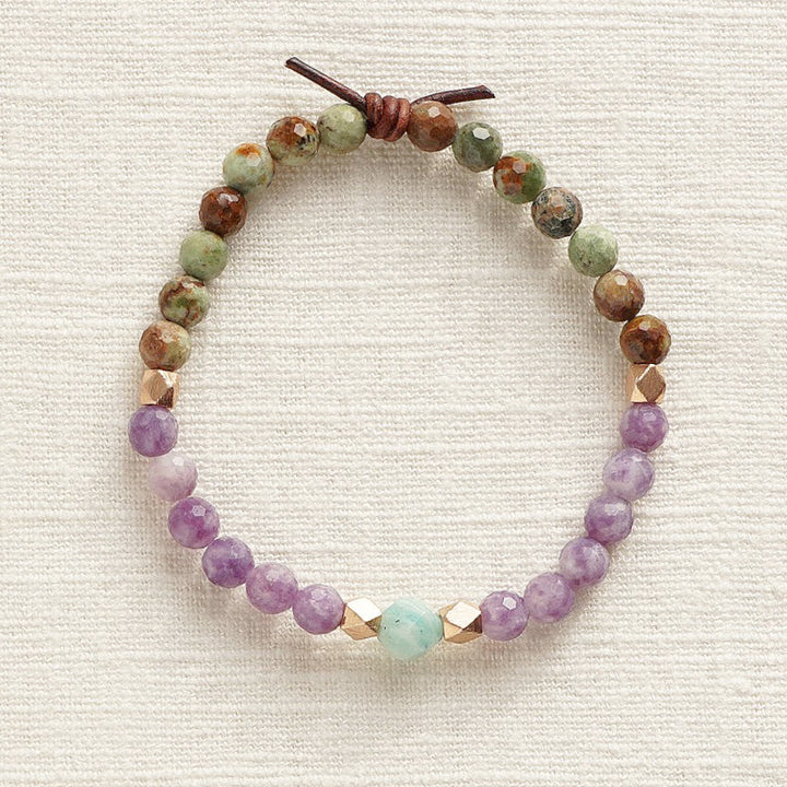 Caregiver Mini Bracelet, 6mm Gemstones, Green Opal, Lepidolite, Amazonite, Leather Knot, Meaningful Jewelry