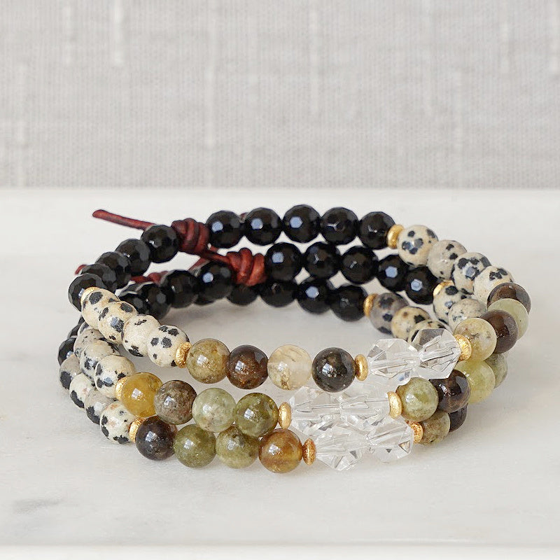 Close Even When Far Mini Bracelet, 6mm Gemstones, Black Onyx, Dalmatian Jasper, Green Garnet, 8mm Gemstones, Clear Crystal Nuggets, Leather Knot, Military Family Jewelry