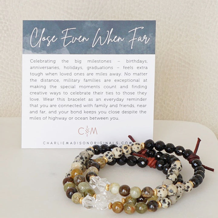 Close Even When Far Mini Bracelet with Meaning Card - A mini military family bracelet that celebrates and honors the bonds that keep you close to loved ones and friends despite the distance between you. The perfect meaningful gift for military spouses, military moms, and military girlfriends.