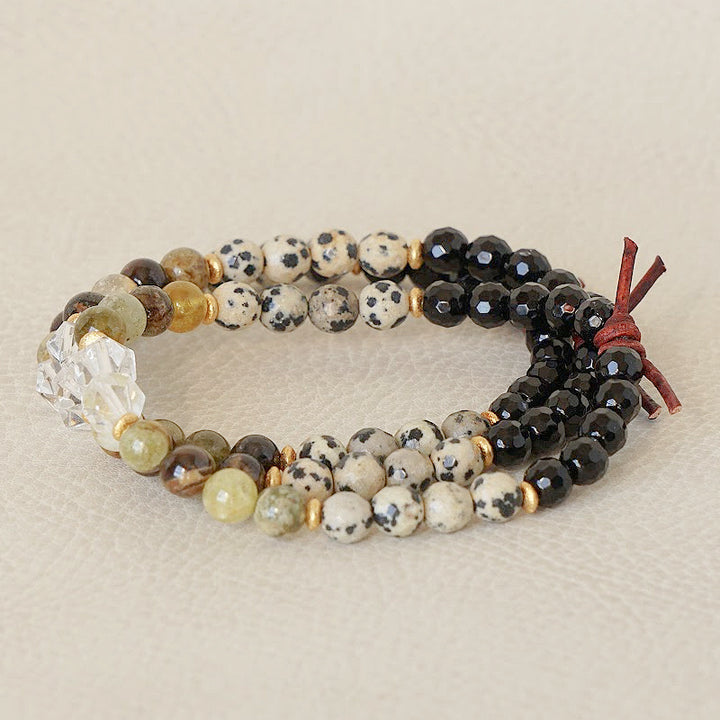 Close Even When Far Mini Bracelet Overhead View, 6mm Gemstones, Black Onyx, Dalmatian Jasper, Green Garnet, 8mm Gemstones, Clear Crystal Nuggets, Leather Knot, Military Family Jewelry, Military Jewelry - Army, Navy, Marines, Coast Guard, Air Force