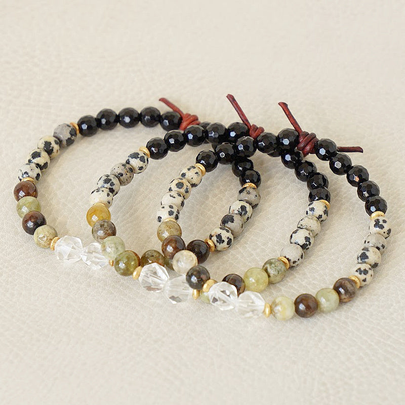 Close Even When Far Mini Bracelet, 6mm Gemstones, Black Onyx, Dalmatian Jasper, Green Garnet, 8mm Gemstones, Clear Crystal Nuggets, Leather Knot, Military Family Jewelry