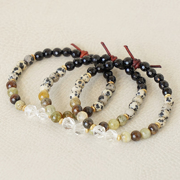 Close Even When Far Mini Bracelet, 6mm Gemstones, Black Onyx, Dalmatian Jasper, Green Garnet, 8mm Gemstones, Clear Crystal Nuggets, Leather Knot, Military Family Jewelry