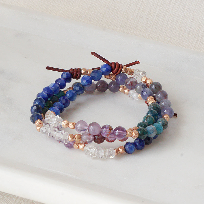 Divinely Guided Bracelet Stack of 3, 6mm Gemstones, Apatite, Kyanite, Phantom Amethyst, Iolite Sunstone, Herkimer Diamond Quartz, Rose Gold, Leather Knot