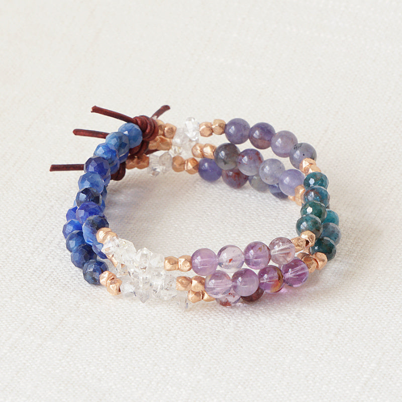 Divinely Guided Bracelet Stack of 3, 6mm Gemstones, Apatite, Kyanite, Phantom Amethyst, Iolite Sunstone, Herkimer Diamond Quartz, Rose Gold, Leather Knot