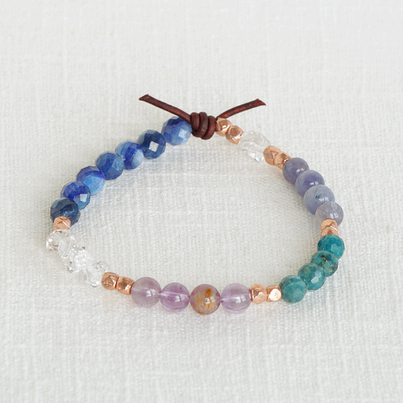 Divinely Guided Bracelet, 6mm Gemstones, Apatite, Kyanite, Phantom Amethyst, Iolite Sunstone, Herkimer Diamond Quartz, Rose Gold, Leather Knot