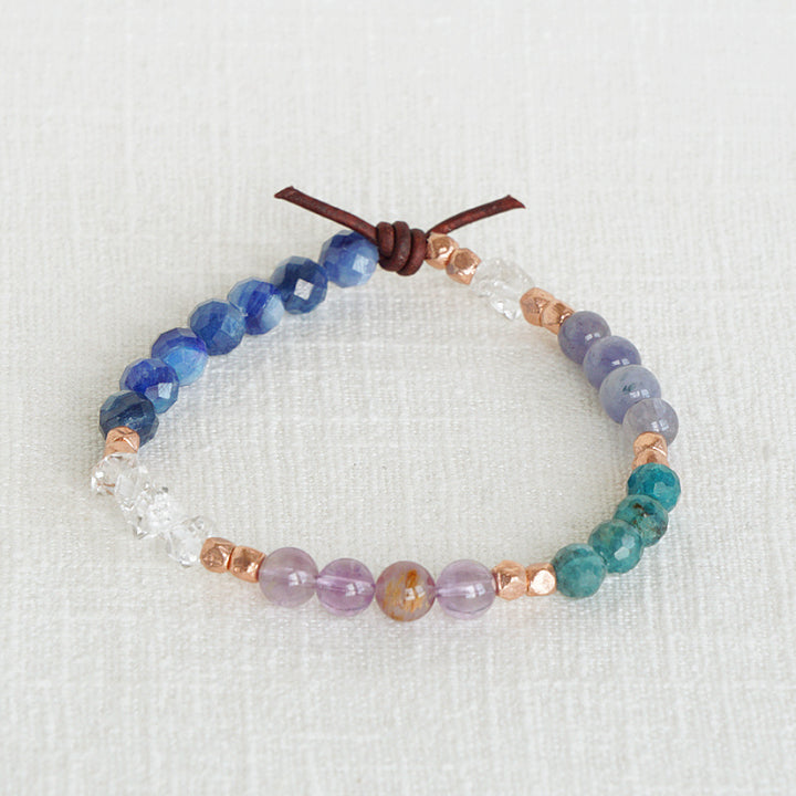 Divinely Guided Bracelet, 6mm Gemstones, Apatite, Kyanite, Phantom Amethyst, Iolite Sunstone, Herkimer Diamond Quartz, Rose Gold, Leather Knot