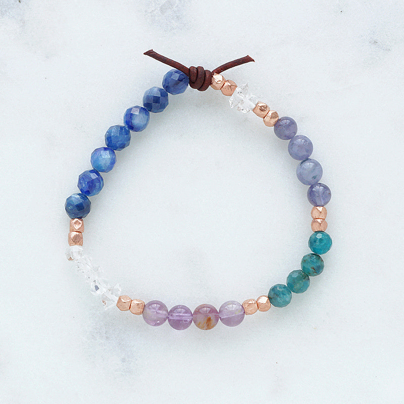 Divinely Guided Bracelet, 6mm Gemstones, Apatite, Kyanite, Phantom Amethyst, Iolite Sunstone, Herkimer Diamond Quartz, Rose Gold, Leather Knot
