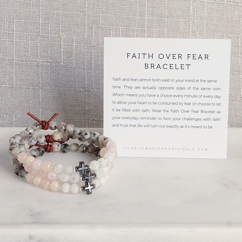 Faith Over Fear with Meaning Card - Faith and fear cannot both exist in your mind at the same time. They are actually opposite sides of the same coin. Which means you have a choice every minute of every day to allow your heart to be consumed by fear or choose to let it be filled with faith. Wear the Faith Over Fear Bracelet as your everyday reminder to face your challenges with faith and trust that life will turn out exactly as it’s meant to be.