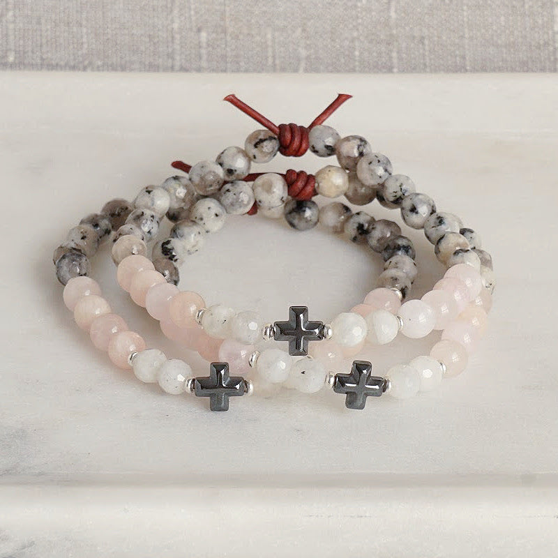 Faith Over Fear Bracelet Stack of 3, 6mm Gemstones, Moonstone, Blush Jade, Gray Spotted Jasper, Hematite Cross Center Stone, Silver, Leather Knot