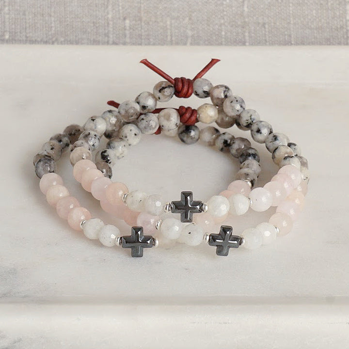 Faith Over Fear Bracelet Stack of 3, 6mm Gemstones, Moonstone, Blush Jade, Gray Spotted Jasper, Hematite Cross Center Stone, Silver, Leather Knot