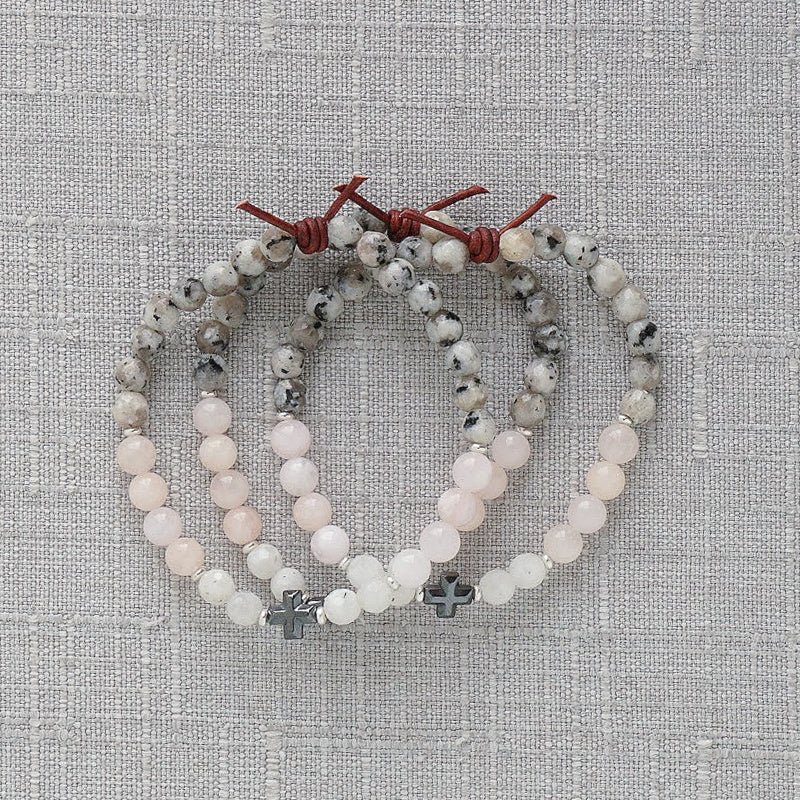 Faith Over Fear Bracelet Stack of 3, 6mm Gemstones, Moonstone, Blush Jade, Gray Spotted Jasper, Hematite Cross Center Stone, Silver, Leather Knot