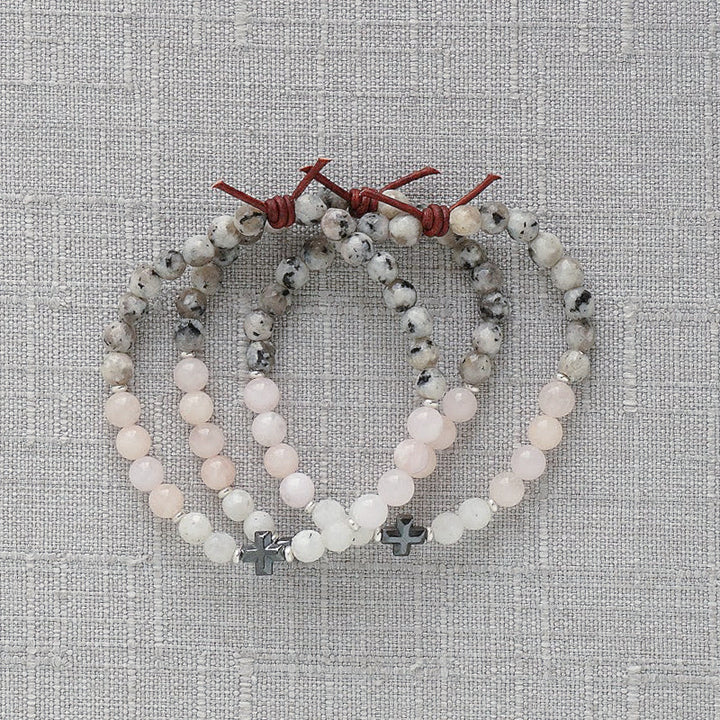 Faith Over Fear Bracelet Stack of 3, 6mm Gemstones, Moonstone, Blush Jade, Gray Spotted Jasper, Hematite Cross Center Stone, Silver, Leather Knot
