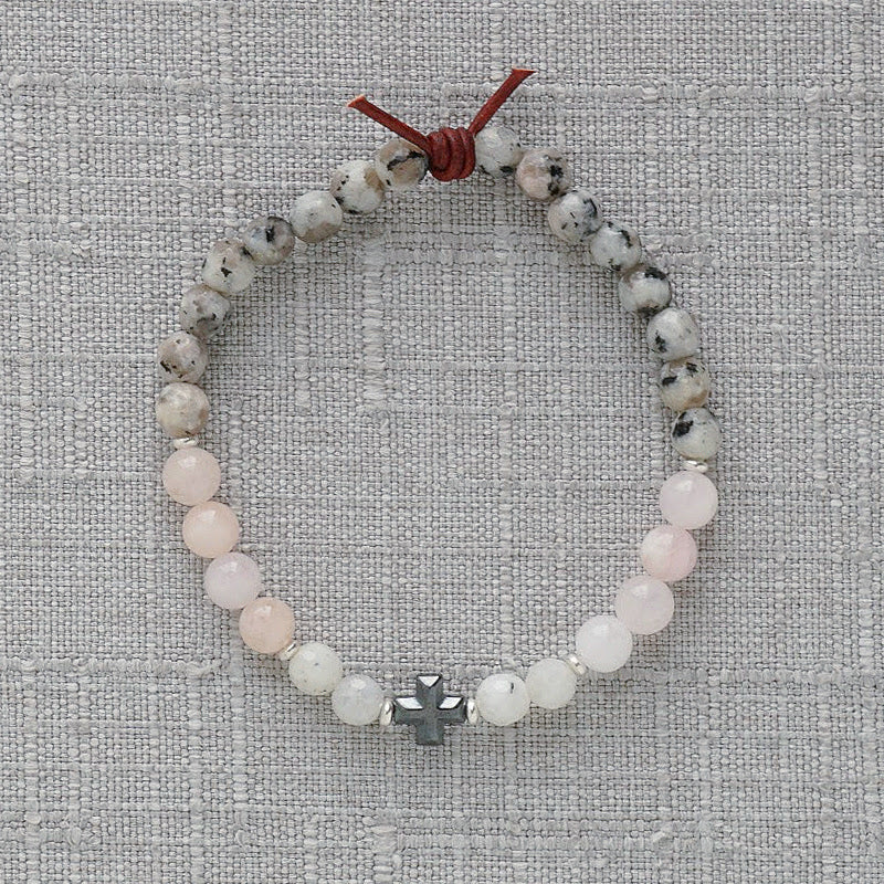 Faith Over Fear Bracelet Stack of 3, 6mm Gemstones, Moonstone, Blush Jade, Gray Spotted Jasper, Hematite Cross Center Stone, Silver, Leather Knot