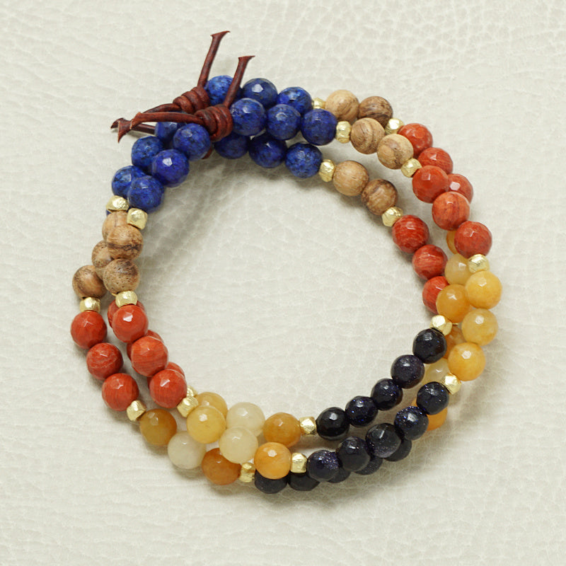 Flourish Bracelet, Collaboration with InDependent for 2022 Wellness Summit 2022, 6mm Gemstones, Lapis Lazuli, Red Jasper, Yellow Jade, Blue Sandstone, Gold, Leather Knot