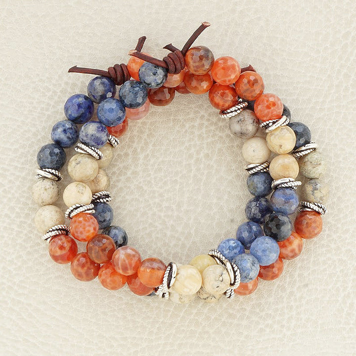 Freedom Bracelet, 8mm Gemstones, Fire Agate, Dumortierite, African Opal, Silver, Leather Knot