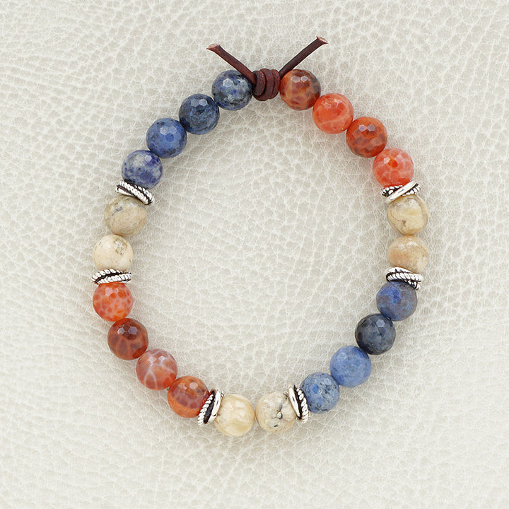 Freedom Bracelet, 8mm Gemstones, Fire Agate, Dumortierite, African Opal, Silver, Leather Knot