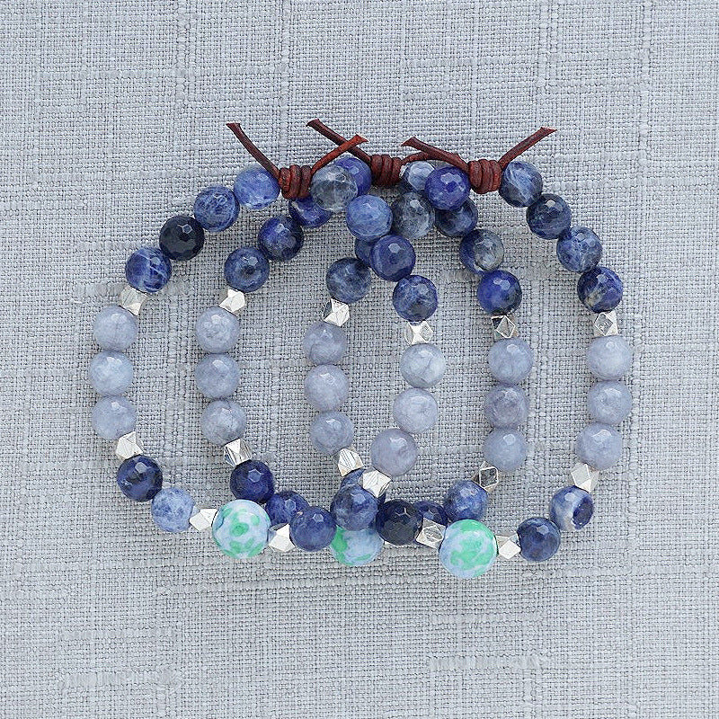 Home Is Where The Military Sends Us Blue Bracelet Set of Three,  8mm Gemstones, Sodalite Gray Jade, Rain Flower Jade, Silver, Leather Knot