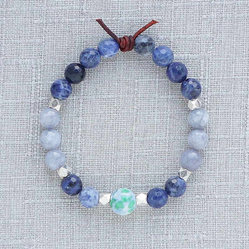 Home Is Where The Military Sends Us Blue Bracelet, 8mm Gemstones, Sodalite Gray Jade, Rain Flower Jade, Silver, Leather Knot