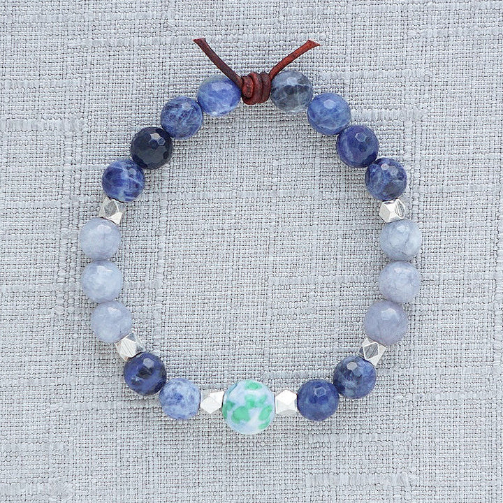 Home Is Where The Military Sends Us Blue Bracelet, 8mm Gemstones, Sodalite Gray Jade, Rain Flower Jade, Silver, Leather Knot