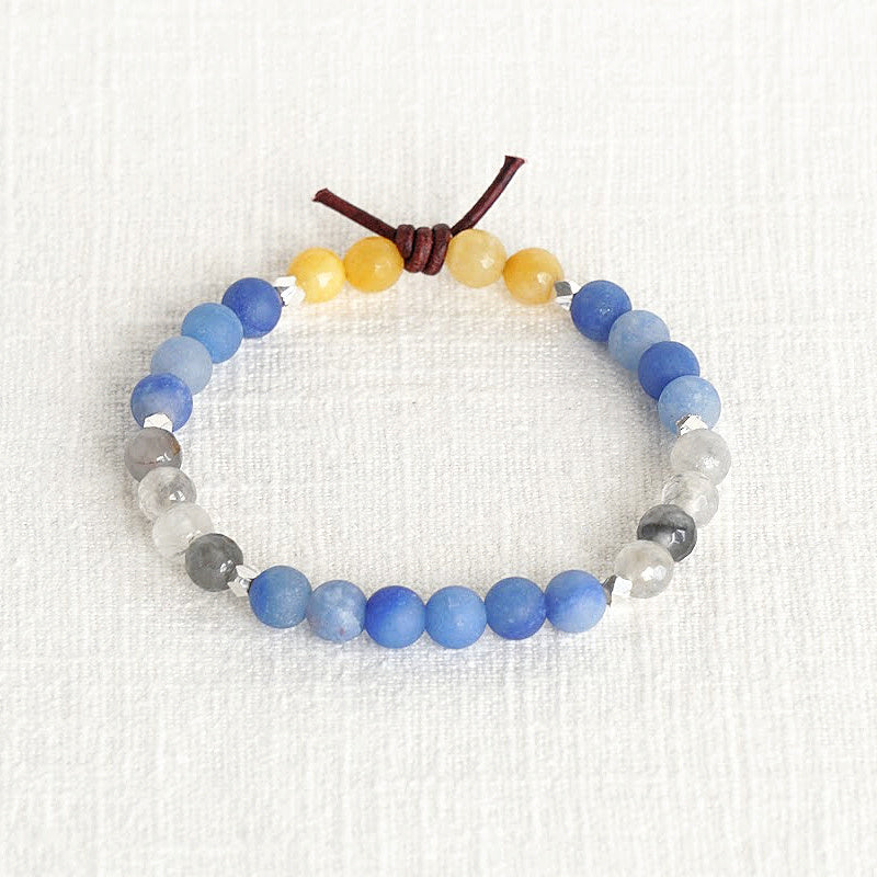 In My Heart Air Force Bracelet, 6mm Gemstones, Blue Aventurine, Silver Quartz, Yellow Jade, Silver, Leather Knot