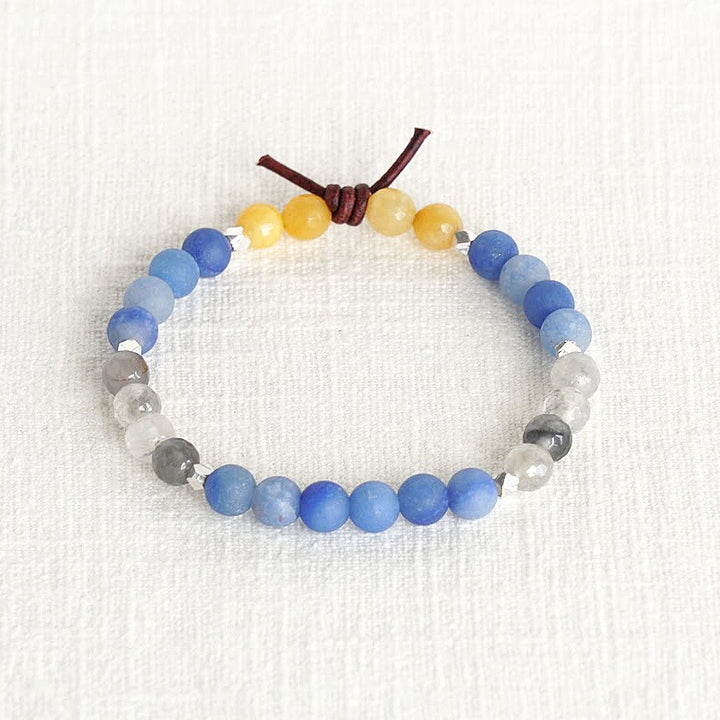 In My Heart Air Force Bracelet, 6mm Gemstones, Blue Aventurine, Silver Quartz, Yellow Jade, Silver, Leather Knot